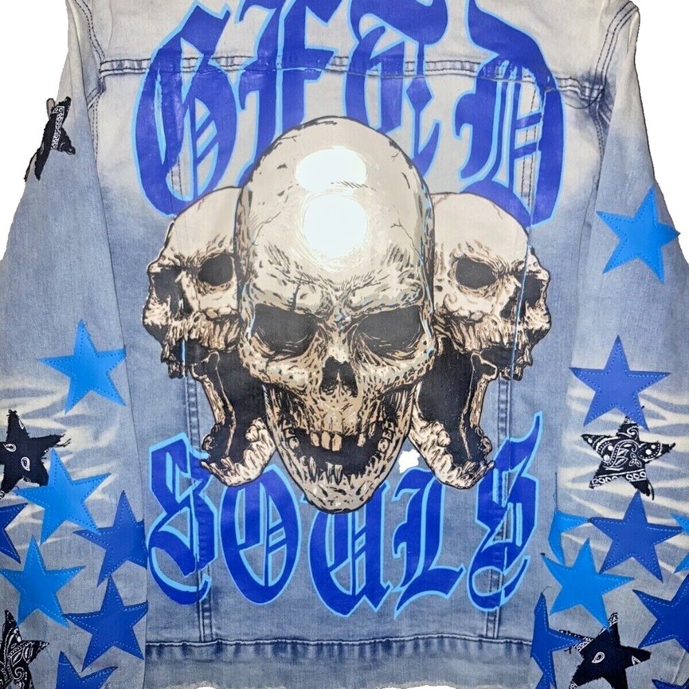GFTD LA Embroidered Patchwork Stars Skull & Bones Denim Jean Jacket LARGE
